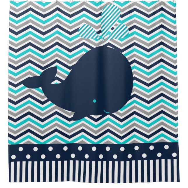 Ocean Aquatic Whale Chevron Stripes Turquoise Navy Shower Curtain (Front)