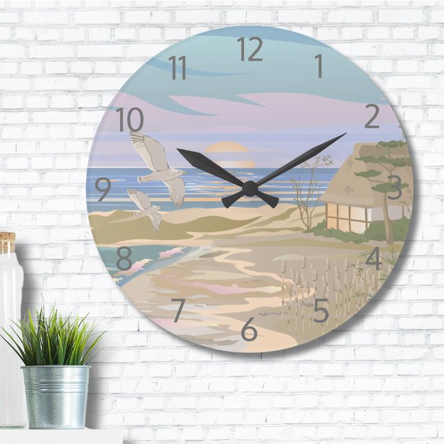 Ocean Art Beach Large Clock (Cute Ocean Pastel Coastal Art Blue Beach Large Clock)