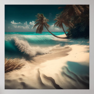 Ocean Art Beach Waves and Palm Trees Tropical Poster
