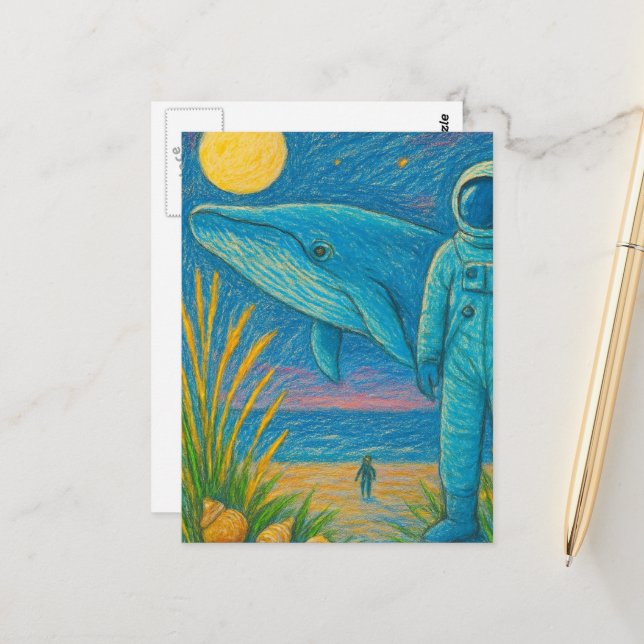 Ocean astronaut beach crayon art postcard (Front/Back In Situ)