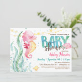 Ocean Baby Shower, Girl Pink Seahorse invitation (Standing Front)
