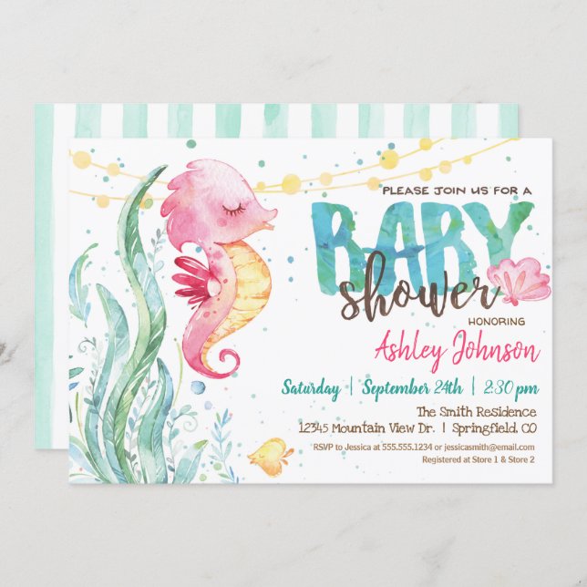 Ocean Baby Shower, Girl Pink Seahorse invitation (Front/Back)