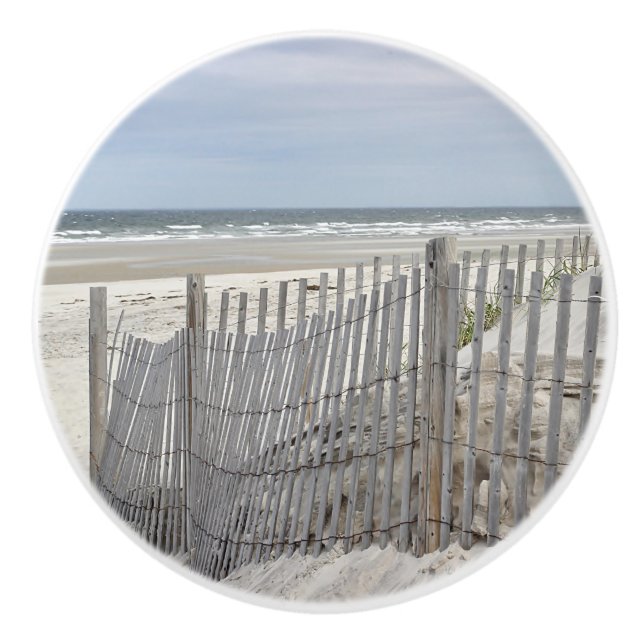 Ocean Beach and weathered fence Ceramic Knob (Front)