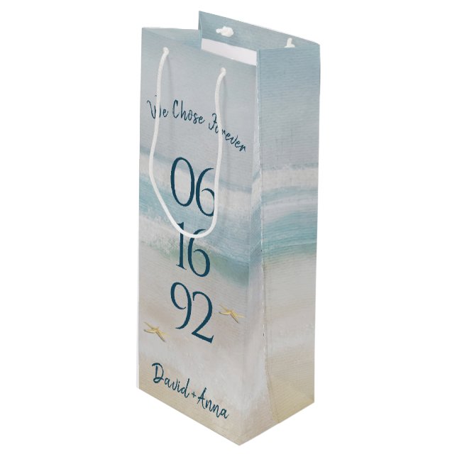 Ocean Beach Anniversa Wedding Date Wine Gift Bag (Front Angled)