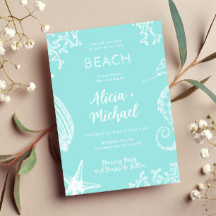 Ocean beach aqua blue destination wedding invitation