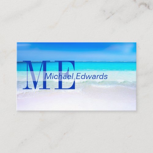 Ocean Beach Aqua Blue Sea Travel  Modern Monogram Business Card