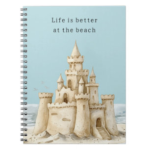 Ocean Beach Birds Blue Sky Cream Sand Castle Notebook