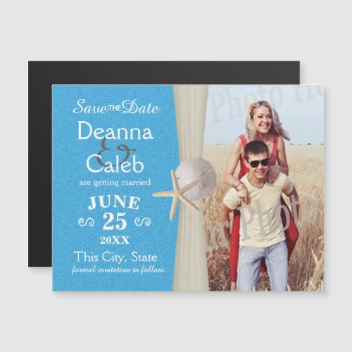 Ocean Beach Blue Photo Save the Date Magnetic Invitation