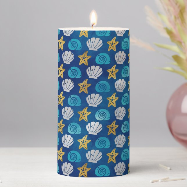 Ocean Beach Blue Seashells Gold Starfish Pattern Pillar Candle (In Situ)