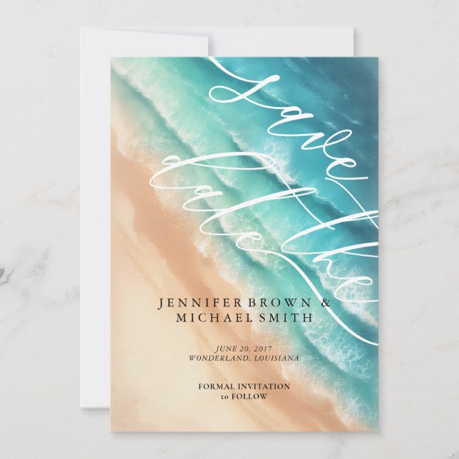 Ocean Beach Blue Watercolor Elegant Basic Save The Date (Front)