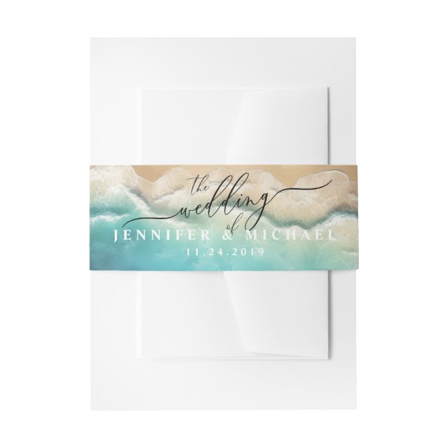 Ocean Beach Blue Watercolor Elegant Script Invitation Belly Band