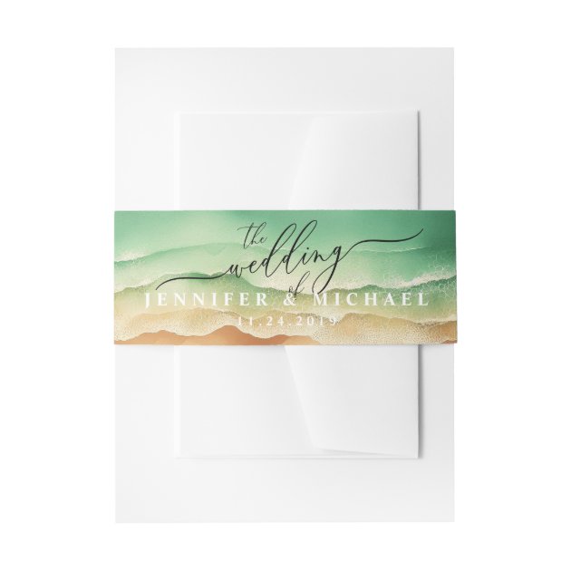 Ocean Beach Blue Watercolor Elegant Scripts Invitation Belly Band