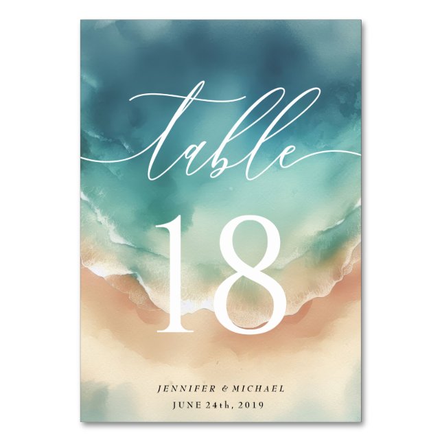 Ocean Beach Blue Watercolor Table Number (Front)