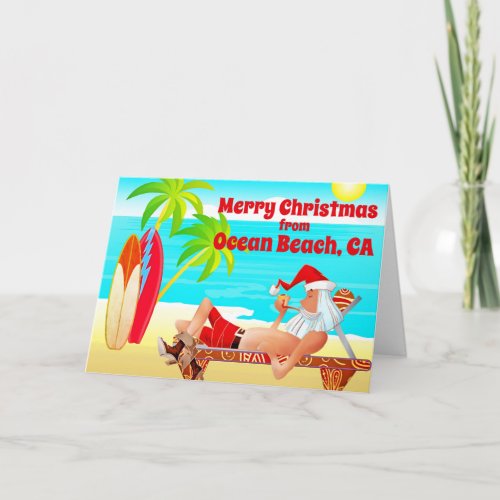 Ocean Beach CA Christmas Santa and Surfboards Holiday Card