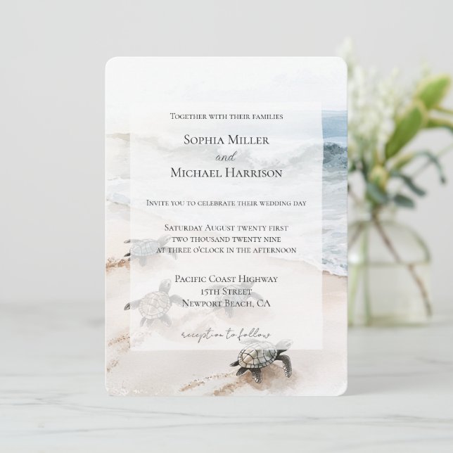 Ocean Beach Coast Sea Turtles Wedding Invitation (Standing Front)