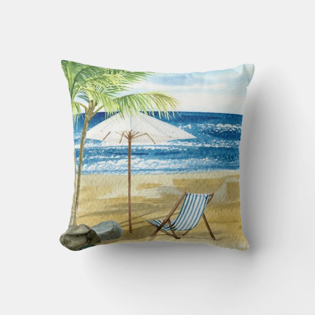 Ocean Beach Coastal Beach chair Throw Pillow (Front)
