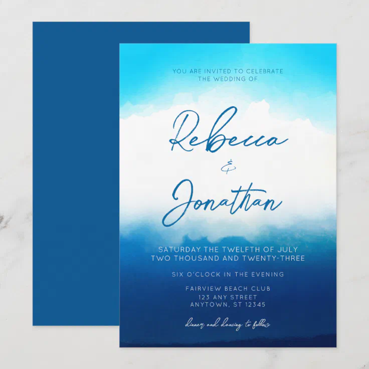 Ocean Beach Coastal Blue Watercolor Wedding Invitation | Zazzle