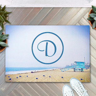 Ocean beach coastal photo bold modern monogram doormat