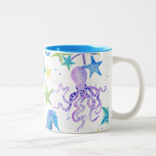 Ocean Beach Coastal Shore Octopus Seahorse Decor Two_Tone Coffee Mug