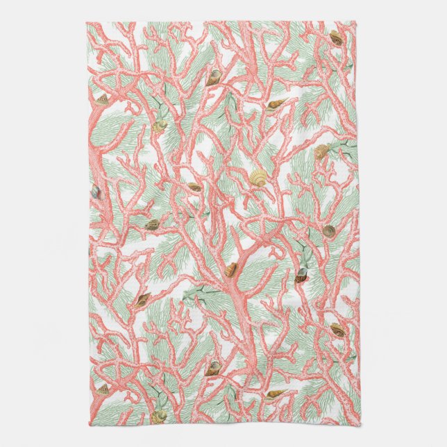 Ocean Beach Coral and Seashells Design Kitchen Towel (Vertical)