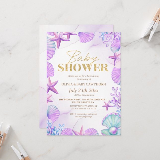 Ocean Beach Coral Blue Gold Baby Girl Shower Invitation (Front/Back In Situ)