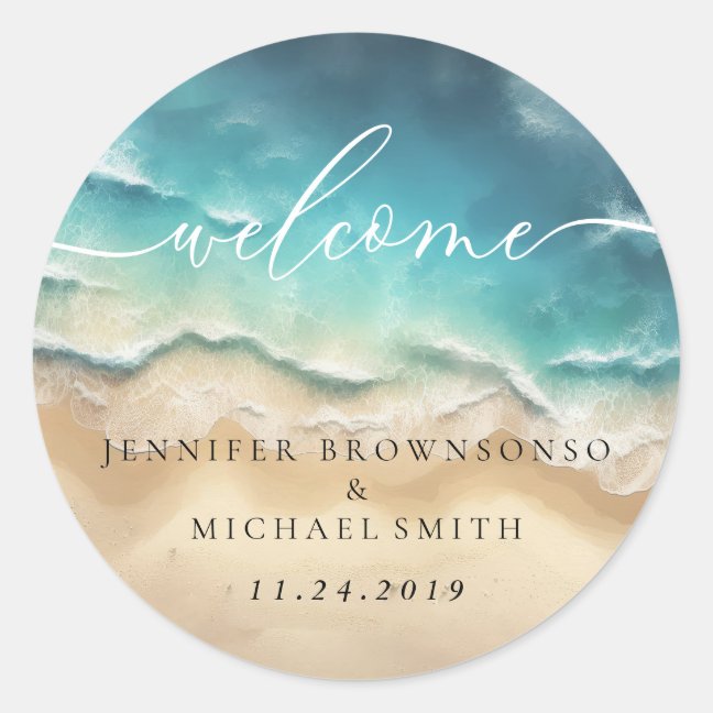 Ocean Beach Cute Signature Boho Welcome Wedding Classic Round Sticker