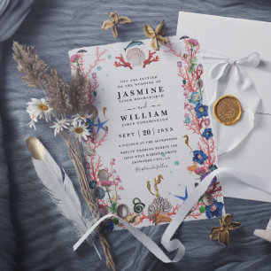 Ocean Beach Embossed Elegant Modern Wedding Invitation