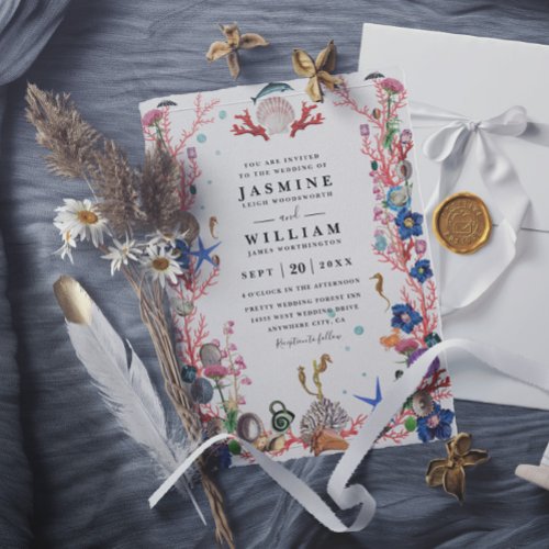 Ocean Beach Embossed Elegant Modern Wedding Invitation