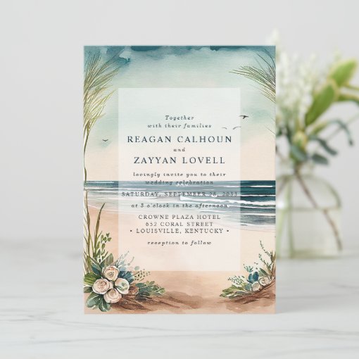 Ocean Beach Grass And Roses Wedding Invitation Zazzle