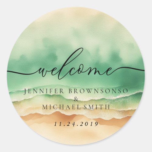 Ocean Beach Green Signature Boho Welcome Wedding Classic Round Sticker