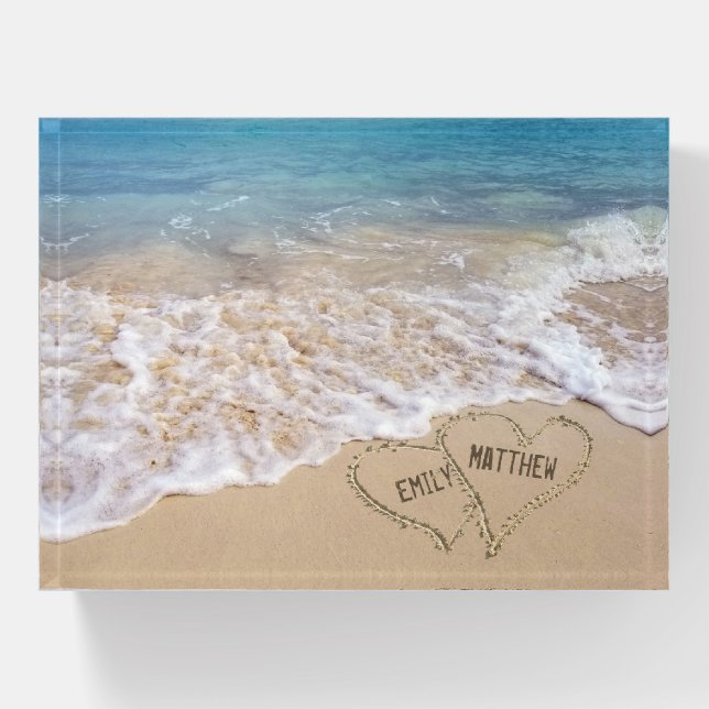 Ocean Beach Hearts with names Paperweight (Front)