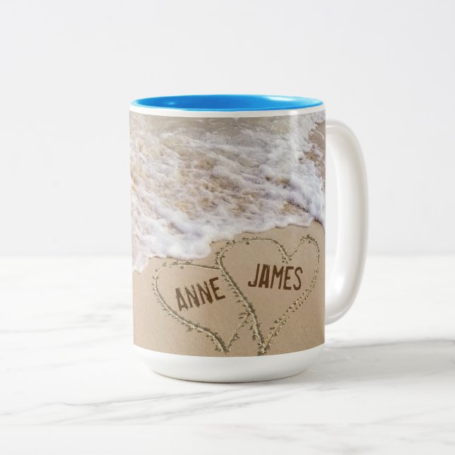 Ocean Beach Hearts with names Two-Tone Coffee Mug (Front Right)