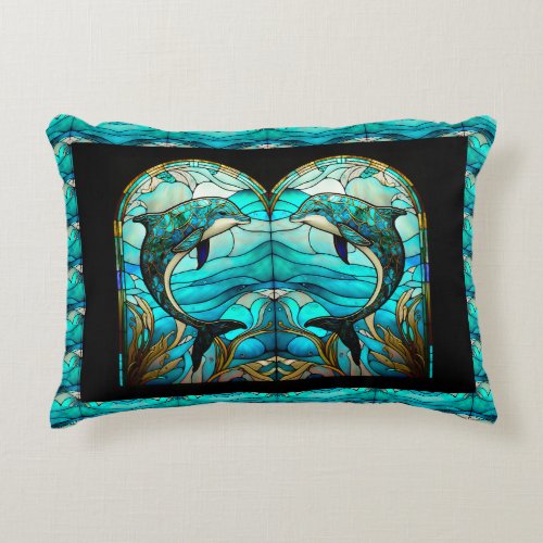 Ocean Beach House Blue Dolphin Faux Stained Glass  Accent Pillow