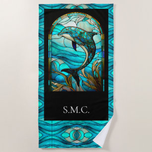 Ocean Beach House Blue Dolphin Faux Stained Glass Beach Towel