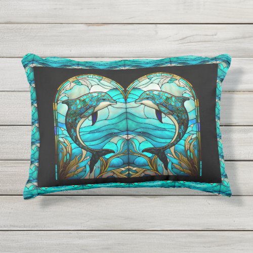 Ocean Beach House Blue Dolphin Faux Stained Glass  Outdoor Pillow