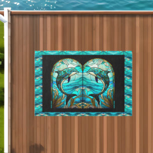 Ocean Beach House Blue Dolphin Faux Stained Glass Outdoor Rug