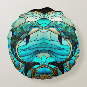 Ocean Beach House Blue Dolphin Faux Stained Glass Round Pillow