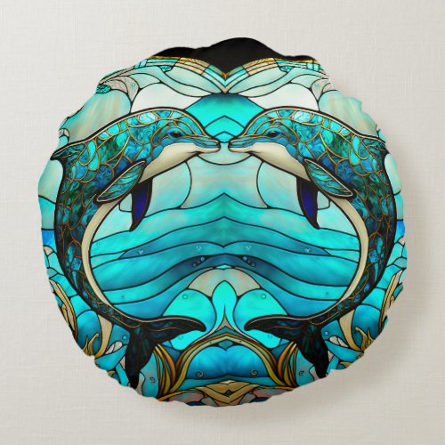 Ocean Beach House Blue Dolphin Faux Stained Glass  Round Pillow