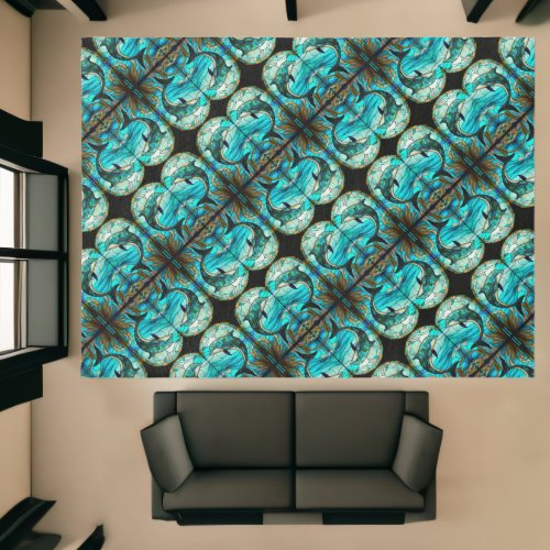 Ocean Beach House Blue Dolphin Faux Stained Glass  Rug