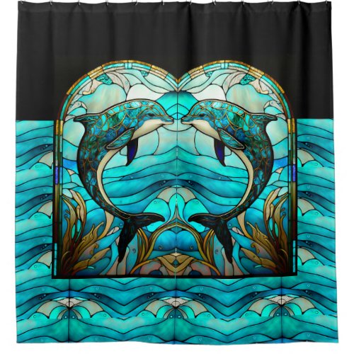Ocean Beach House Blue Dolphin Faux Stained Glass Shower Curtain
