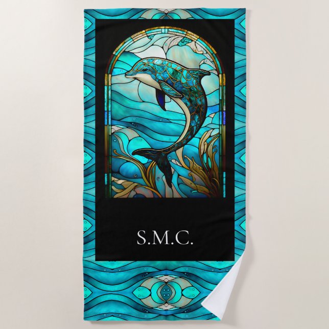 Ocean Beach House Blue Dolphin Faux Stained Glass Towel (Front)