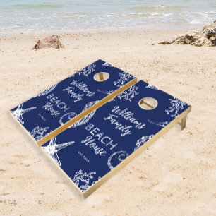 Ocean beach house family name personalized cornhole set