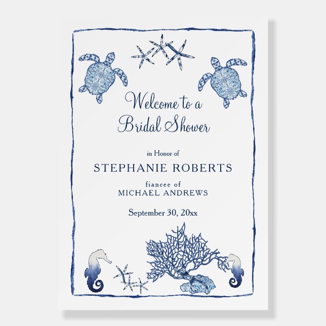 Ocean Beach Modern Blue n White Sea Turtle Welcome Foam Board (Front)