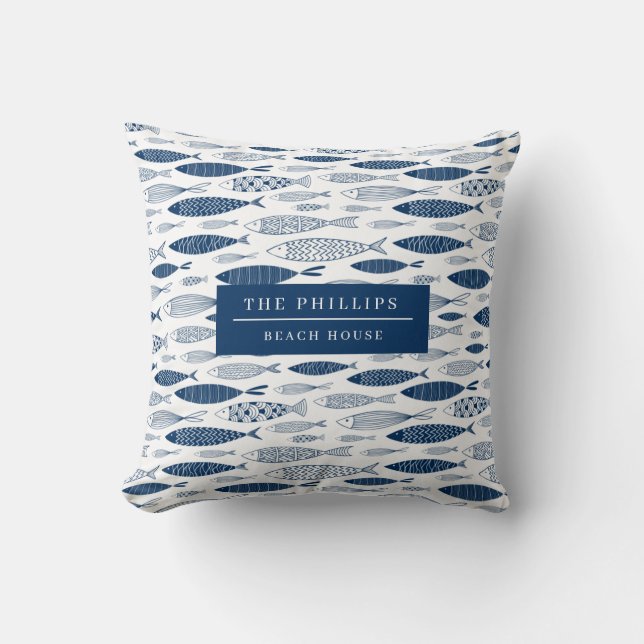 Ocean Beach Nautical Fish Pattern Throw Pillow (Front)