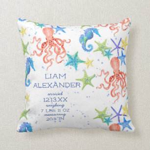 Ocean Beach Octopus Seahorse Boy Baby Birth Stat Throw Pillow