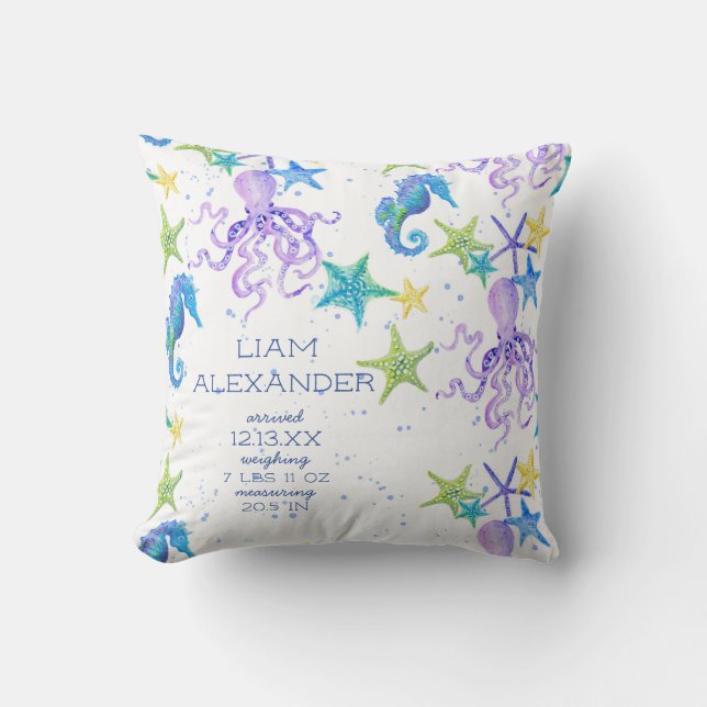 Ocean Beach Octopus Seahorse Boy Baby Birth Stat Throw Pillow (Front)