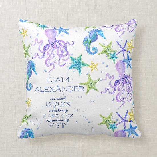 Ocean Beach Octopus Seahorse Boy Baby Birth Stat Throw Pillow