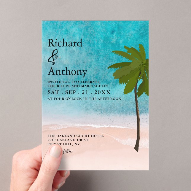 Ocean Beach Palm Tree Wedding Acrylic Invitations (Insitu (Handheld))