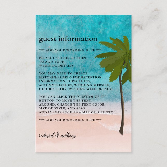 Ocean Beach Palm Tree Wedding Detail Enclosure Card (Front)