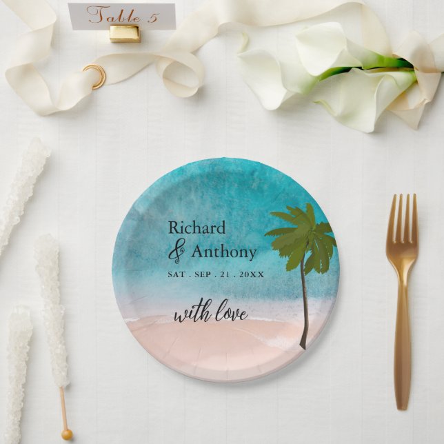 Ocean Beach Palm Tree Wedding  Paper Plates (Wedding)